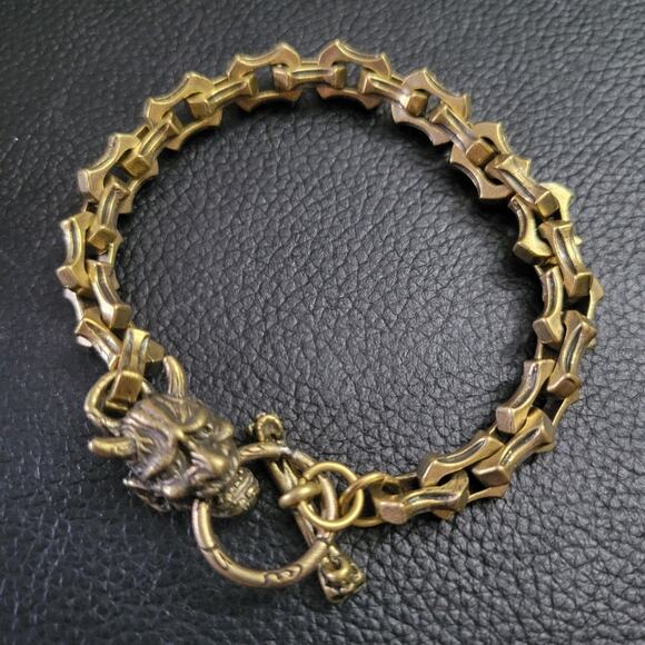 Men's Chunky Bronze Tone Dragon Bone Chain With Demon Head And Toggle Clasp - Picture 1 of 4